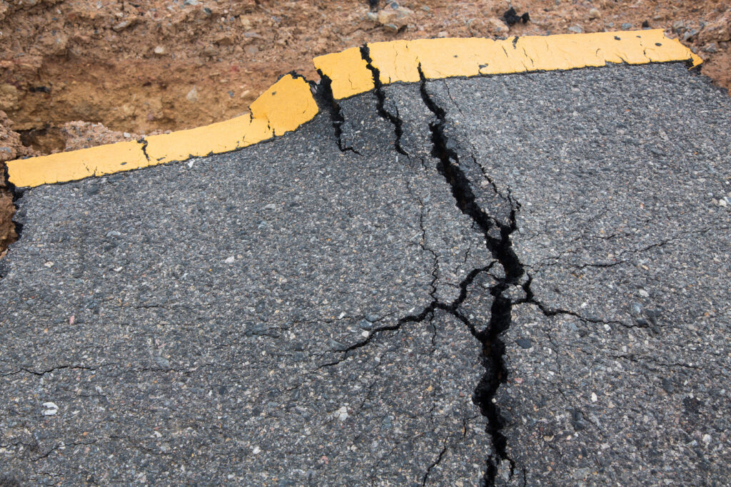 Earthquake-caused crack in road