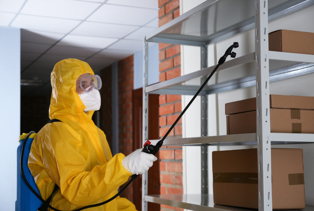 Pest control worker spraying pesticide